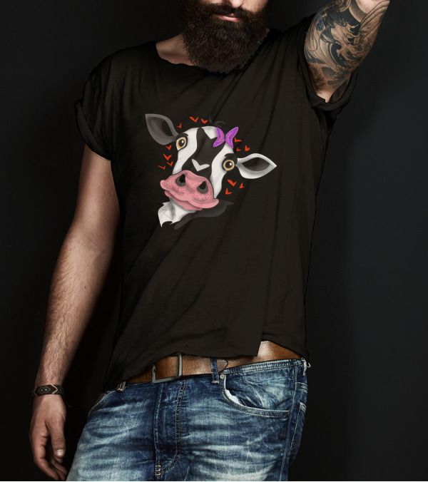 Sweet Mini Cow With Hearts And Purple Bow T-Shirt