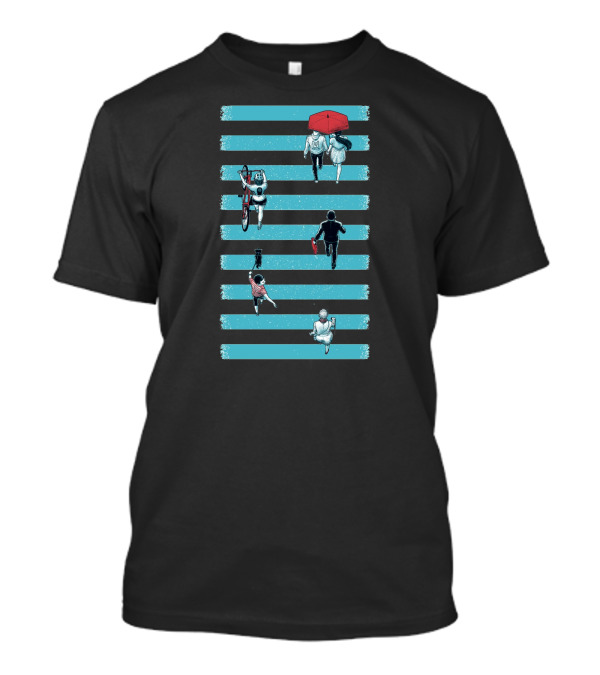 Across The Street Red Umbrella Black Briefcase Bicycle Vertical View T-Shirt