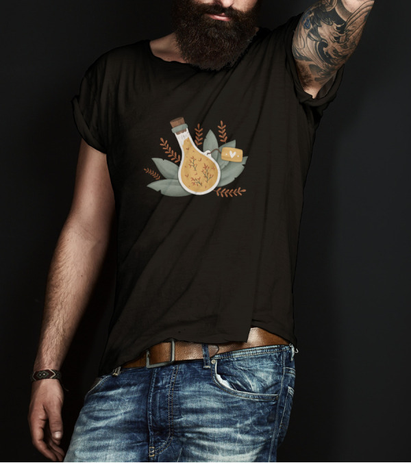 Magic Bottle With Herb Leaves And Heart Tag T-Shirt