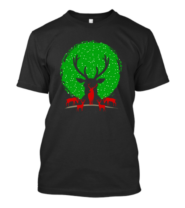 Christmas Deers Silhouettes With Green Snowy Moon T-Shirt