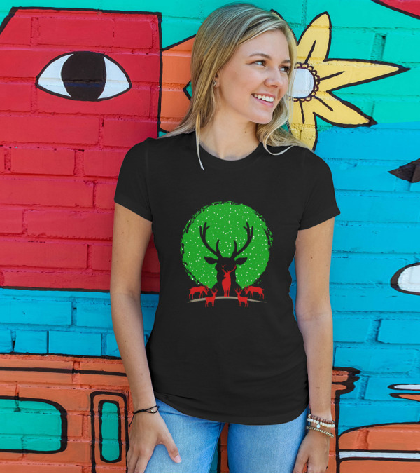 Christmas Deers Silhouettes With Green Snowy Moon T-Shirt