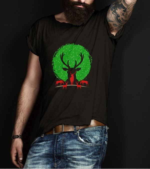 Christmas Deers Silhouettes With Green Snowy Moon T-Shirt