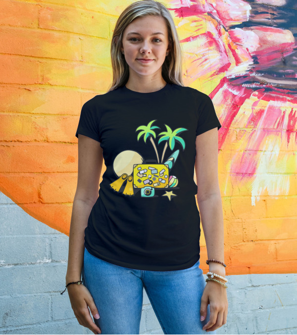 Palm Trees Sun Suitcase Snorkel Ball Camera Starfish Summer Beach T-Shirt