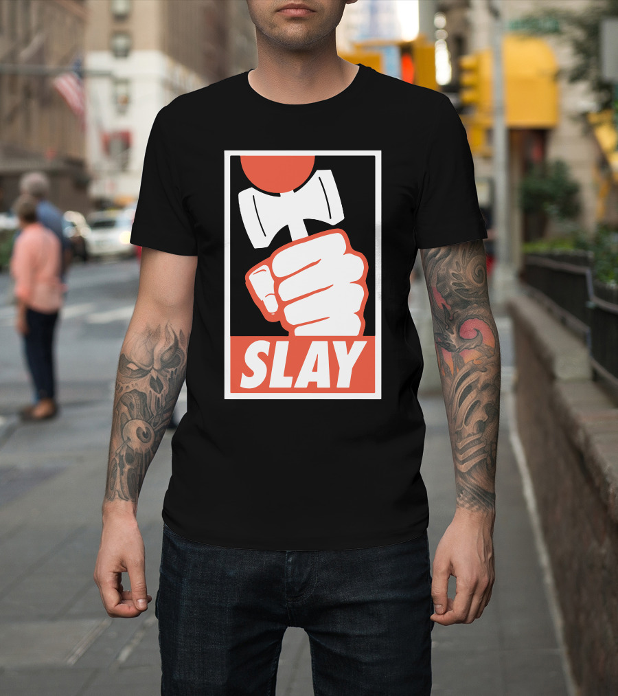 SLAY Fist Hammer Retro Badge T-Shirt