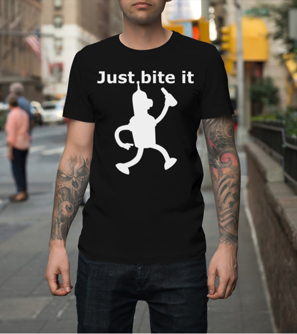 Shirt: Just Bite It Bender Silhouette Holding Bottle T-Shirt Just Bite It Bender Silhouette Holding Bottle T-Shirt