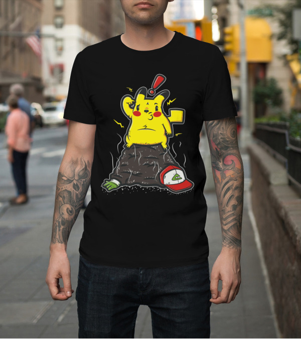Shirt: Pikachu Shocked Sitting on Ash Ketchum Hat and Glove with Exclamation Bolt T-Shirt Pikachu Shocked Sitting on Ash Ketchum Hat and Glove with Exclamation Bolt T-Shirt