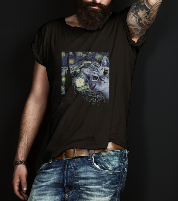 Starry Night With Curious Cat T-Shirt