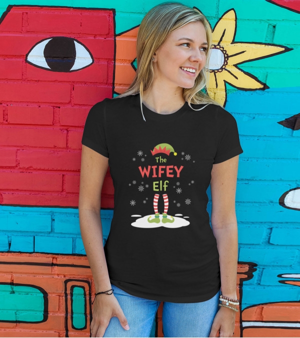 The Wifey Elf Funny Merry Christmas Family Matching Snowflakes Hat Striped Socks T-Shirt