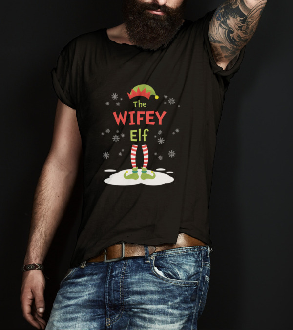 The Wifey Elf Funny Merry Christmas Family Matching Snowflakes Hat Striped Socks T-Shirt