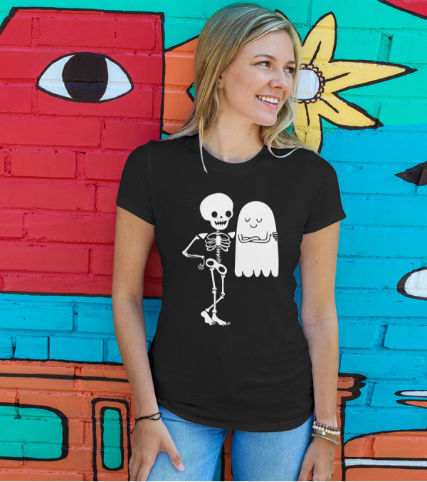 Body And Soul Skeleton And Ghost Hugging T-Shirt