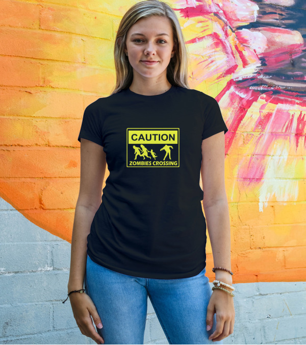 Caution Zombies Crossing X Large Funny Walking Brains Awesome Warning Sign T-Shirt