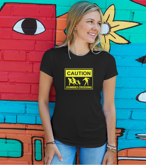 Caution Zombies Crossing X Large Funny Walking Brains Awesome Warning Sign T-Shirt