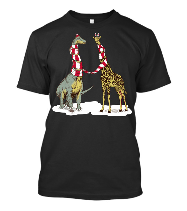 Neck The Halls Dinosaur And Giraffe In Christmas Scarves T-Shirt