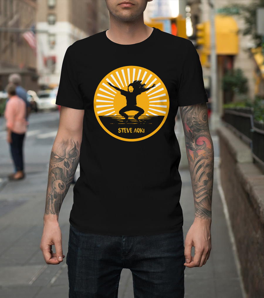 Steve Aoki Jumping Silhouette with Sunburst Background T-Shirt