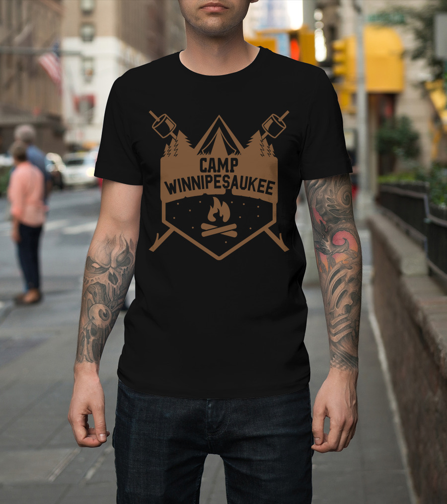 Camp Winnipesaukee Marshmallow Campfire Shield with Tent and Trees T-Shirt