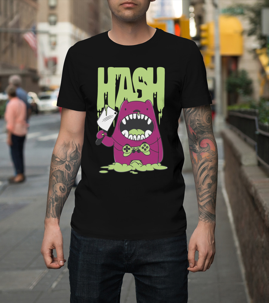 HASH Monster Holding Game Controller and Cleaver T-Shirt