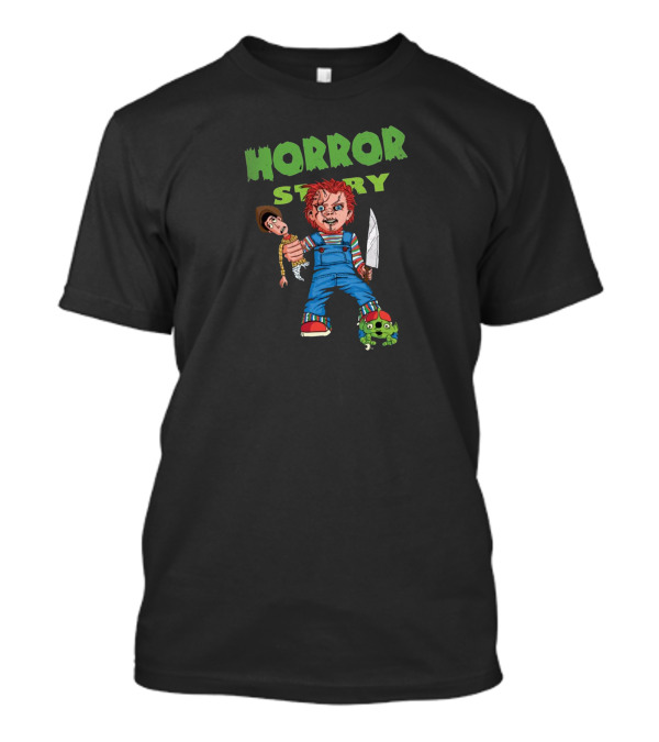 Horror Story Featuring Doll And Knife Character Holding Toy In Overalls T-Shirt