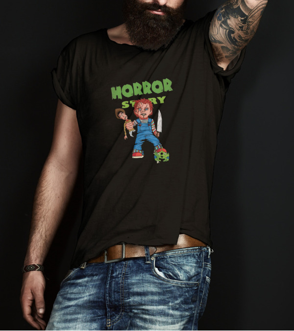 Horror Story Featuring Doll And Knife Character Holding Toy In Overalls T-Shirt