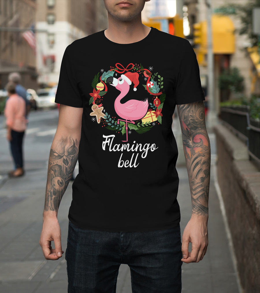 Flamingo Bell Christmas Wreath Santa Hat Holiday Cheer T-Shirt