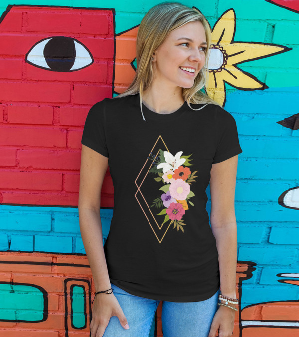 Colorful Geometric Floral Arrangement With Diamond Frame T-Shirt