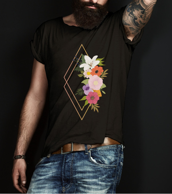 Colorful Geometric Floral Arrangement With Diamond Frame T-Shirt