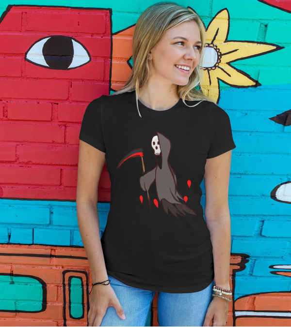 Trick Or Treat Grim Reaper With Red Death Scythe And Hooded Skull T-Shirt