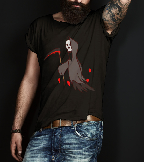 Trick Or Treat Grim Reaper With Red Death Scythe And Hooded Skull T-Shirt