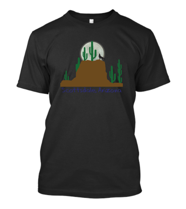Scottsdale Arizona Desert Cactus Moon And Wolf Scene T-Shirt