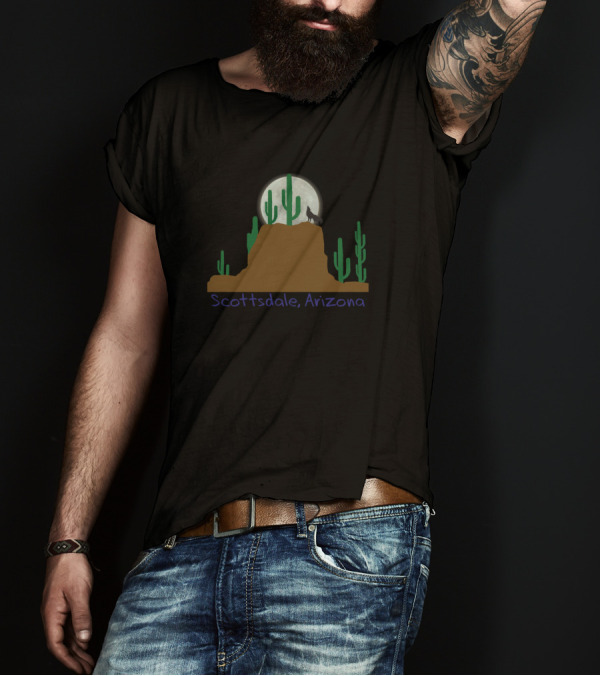 Scottsdale Arizona Desert Cactus Moon And Wolf Scene T-Shirt