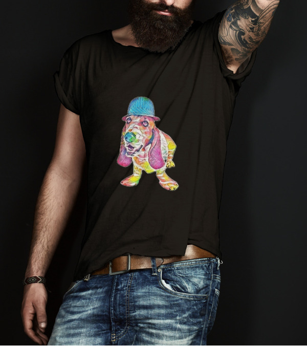 A Funny Basset Hound Dog Colorful Hat Wear T-Shirt