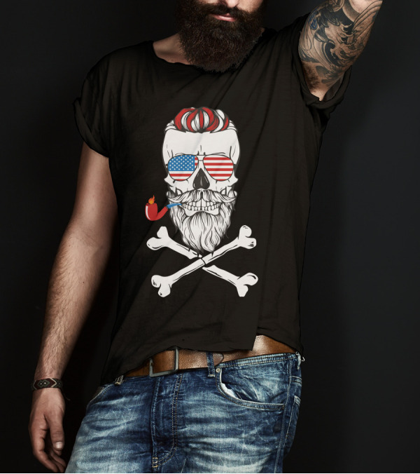 Skull America Patriotic Beard Pipe Crossbones Flag Sunglasses T-Shirt