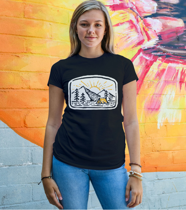 Camp Hand Drawn Sun Over Mountains And Tent T-Shirt