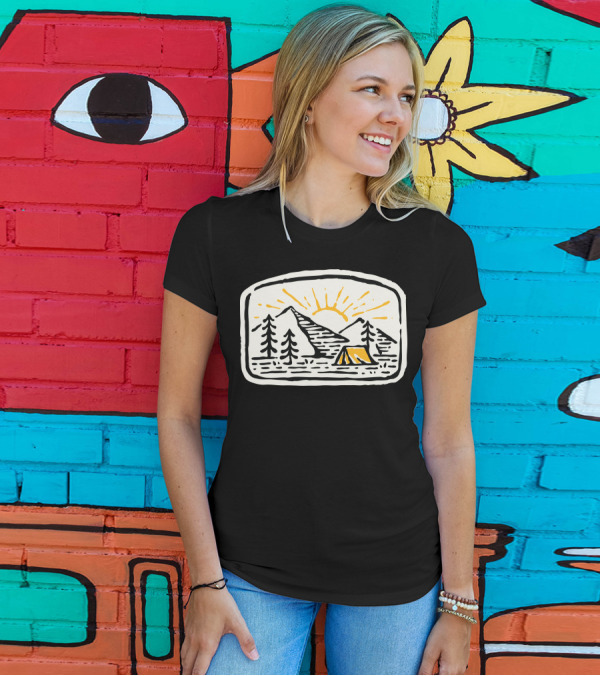 Camp Hand Drawn Sun Over Mountains And Tent T-Shirt