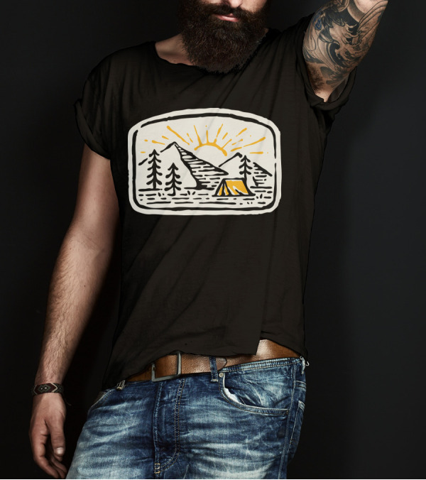 Camp Hand Drawn Sun Over Mountains And Tent T-Shirt
