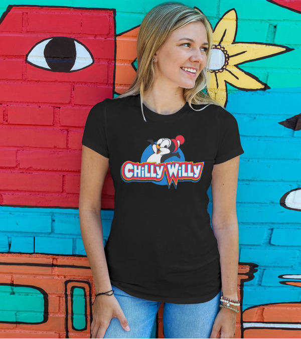 Chilly Willy Penguin Cartoon Character In Red Beanie And Blue Circle T-Shirt