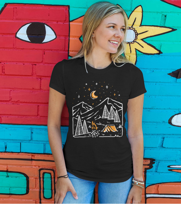 Night Relax Camping Under Stars And Moon Mountain Scene T-Shirt