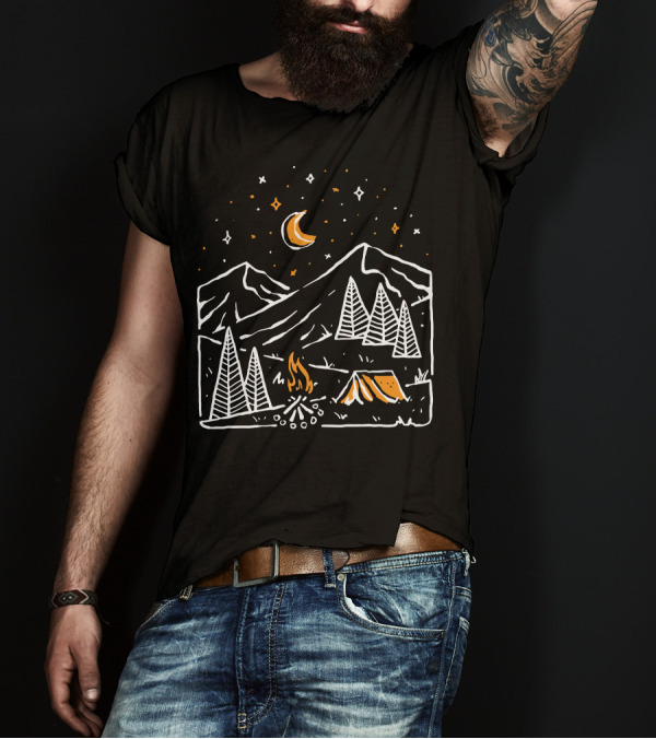 Night Relax Camping Under Stars And Moon Mountain Scene T-Shirt