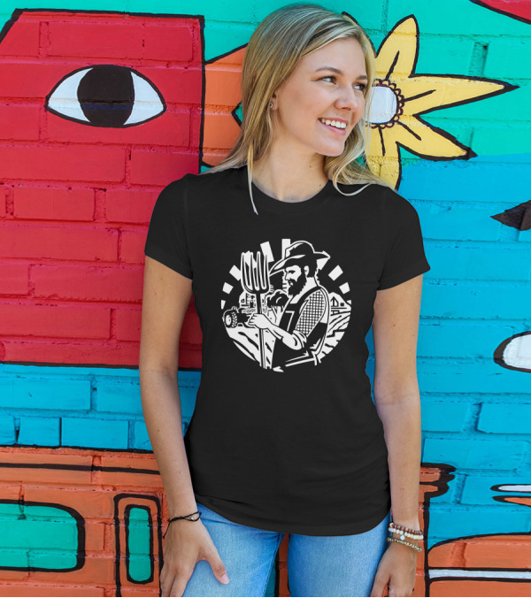 Farmer Holding Pitchfork In Front Of Tractor And Barn With Rural Landscape T-Shirt