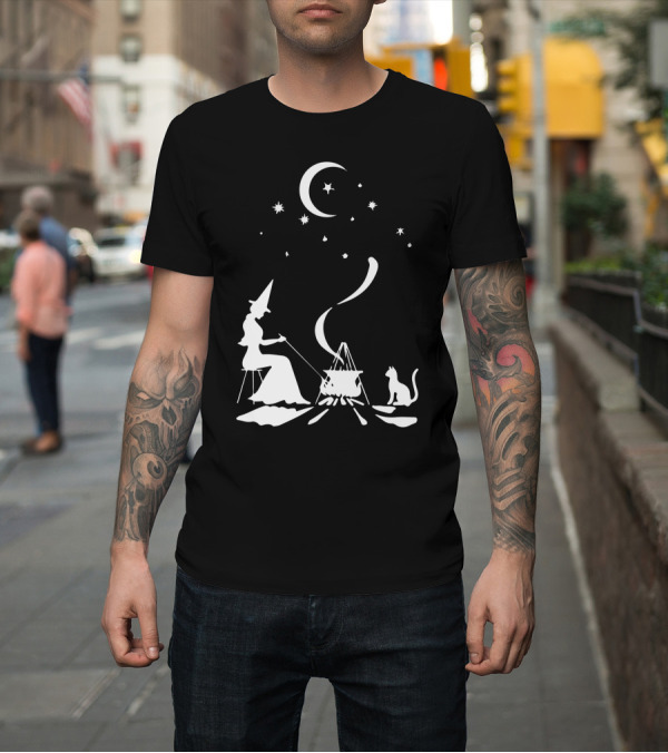 Shirt: Happy Witch and Cat Under Moon Stars Camping Cooking Cauldron T-Shirt Happy Witch and Cat Under Moon Stars Camping Cooking Cauldron T-Shirt