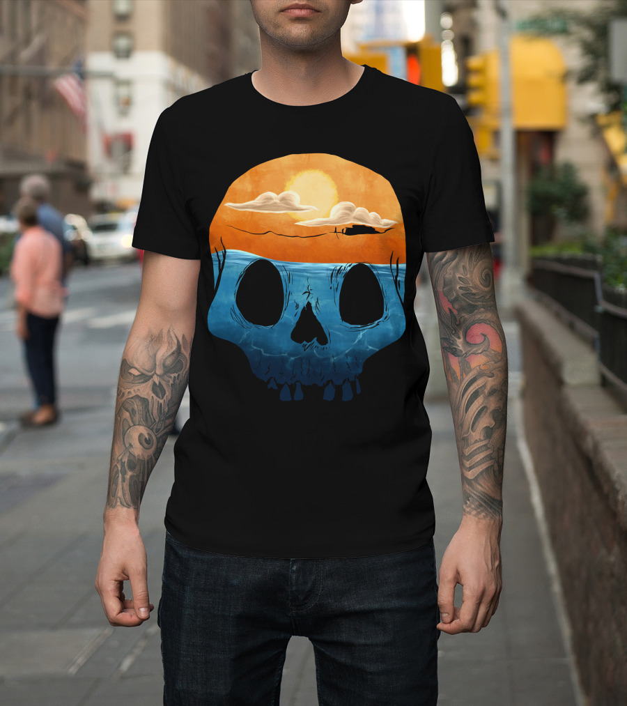 Sunset Over Ocean Skull with Clouds and Sun T-Shirt
