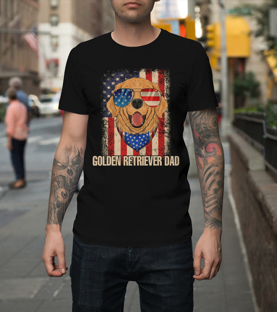 GOLDEN RETRIEVER DAD AMERICAN FLAG PATRIOTIC 4TH OF JULY T-Shirt