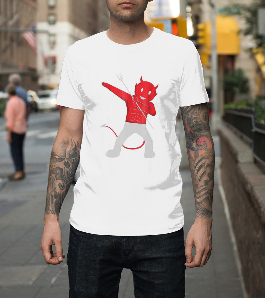 Dabbing Devil Halloween Dab Unny - Red Cartoon Devil Character With Tail and Horns in Popular Dance Pose T-Shirt