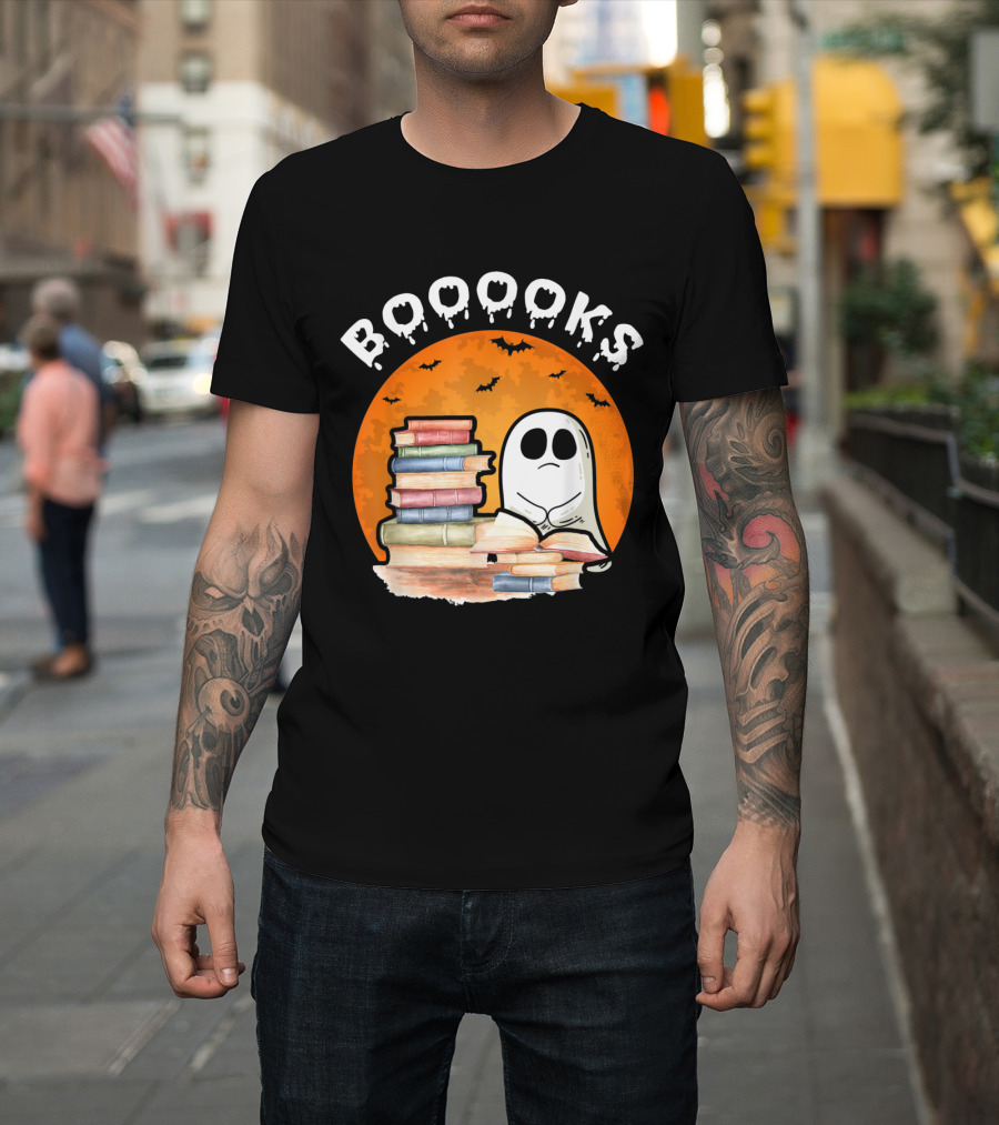 Booooks Ghost Holding Stack of Books with Bats and Full Moon Halloween Party T-Shirt