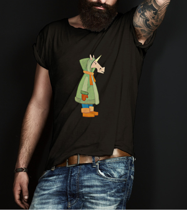 Cozy Unicorn In Hooded Green Coat And Winter Boots T-Shirt