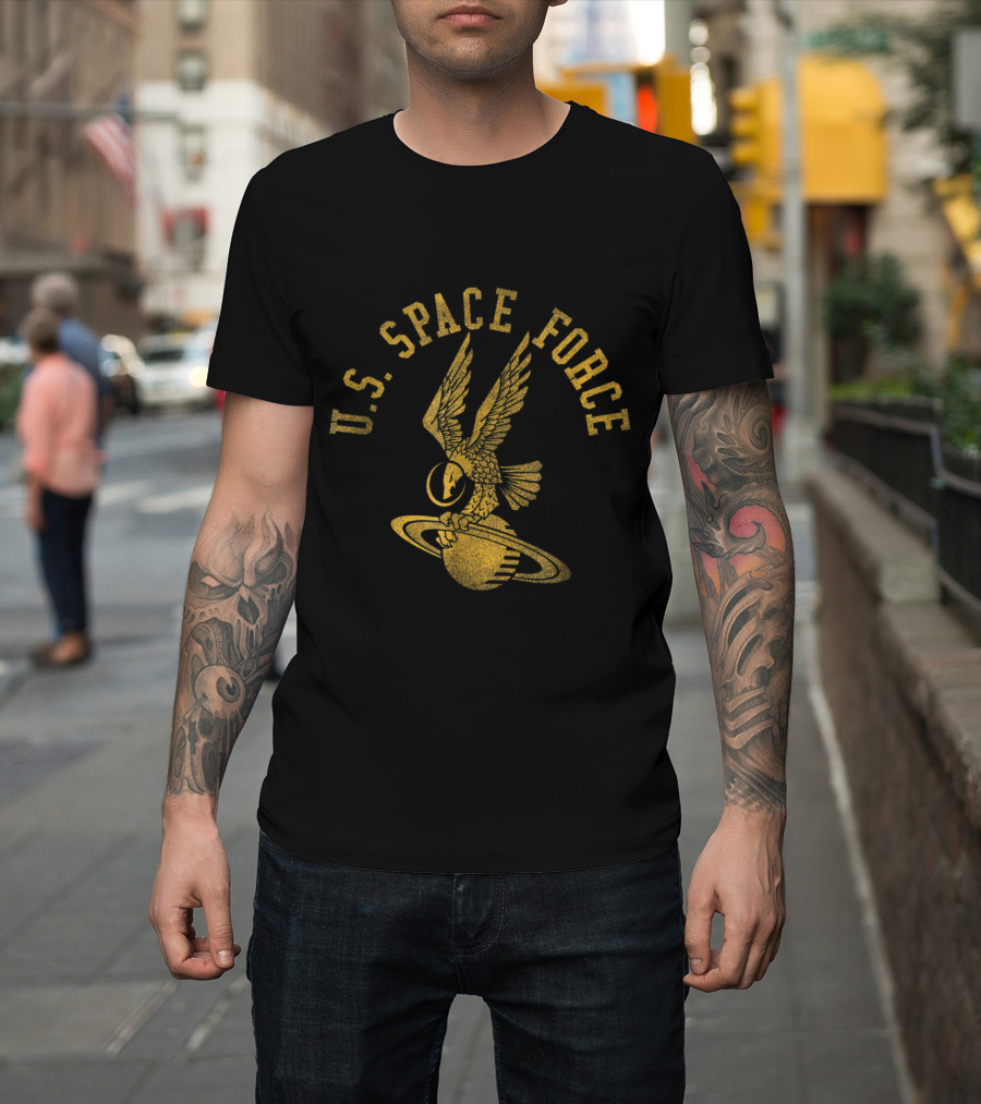 U.S. Space Force Golden Eagle Landing on Saturn with Armed Forces Insignia T-Shirt