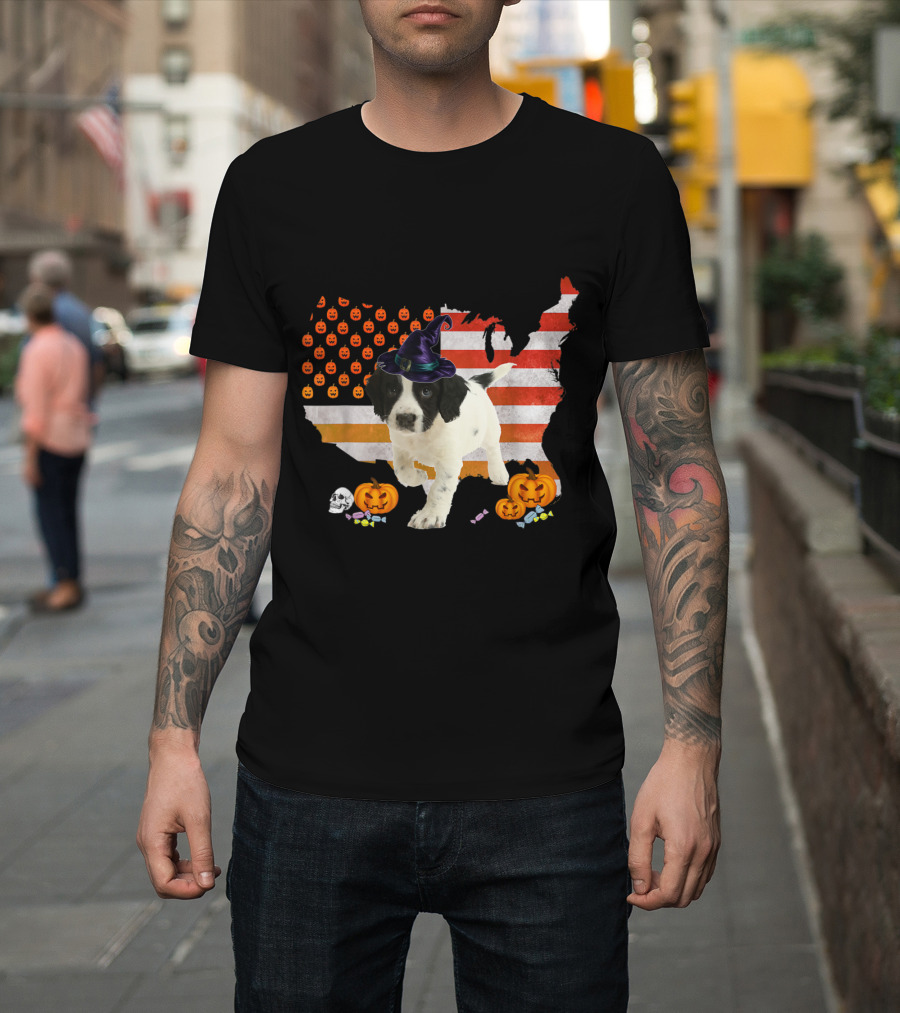 Sprollie Dog in Witch Hat Halloween USA Flag with Pumpkins and Candy T-Shirt