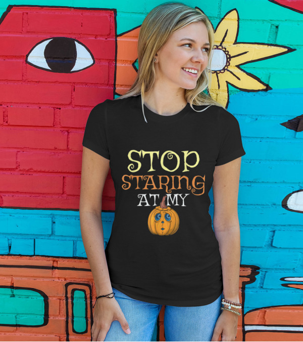 Stop Staring At My Funny Vintage Halloween Pumpkin T-Shirt
