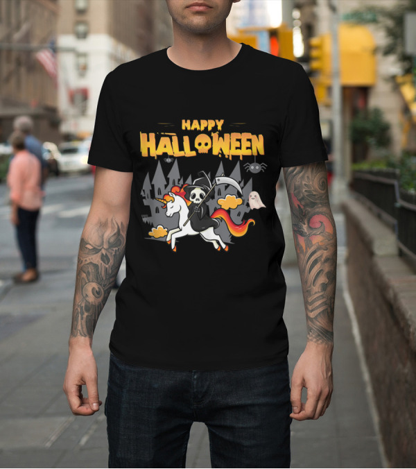 Shirt: Happy Halloween Skeleton Riding Unicorn with Haunted Castle and Ghost T-Shirt Happy Halloween Skeleton Riding Unicorn with Haunted Castle and Ghost T-Shirt