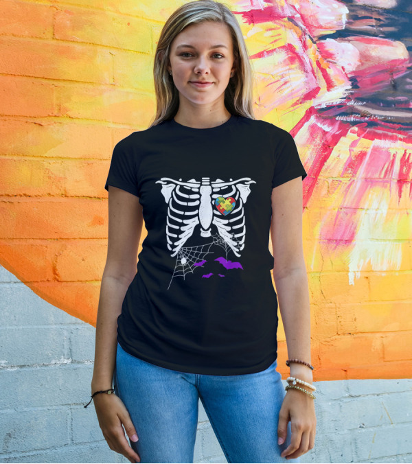 Autism Awareness Skeleton With Puzzle Piece Heart Halloween Bats And Spider Webs T-Shirt