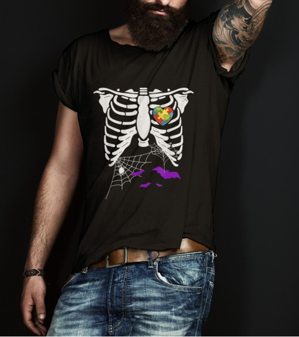 Autism Awareness Skeleton With Puzzle Piece Heart Halloween Bats And Spider Webs T-Shirt